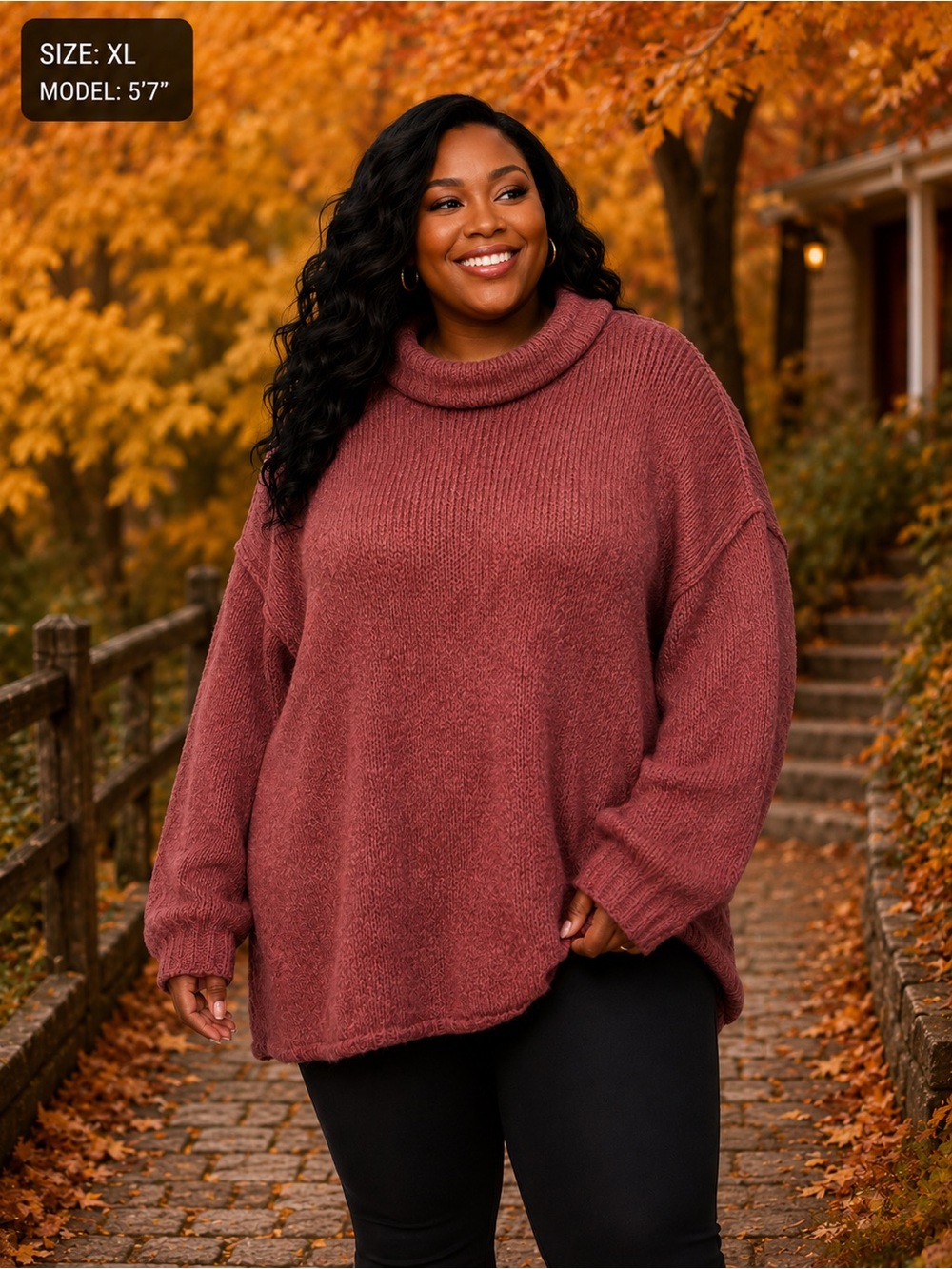 Plus-Size Cowl Neck Sweater in Mauve Rose